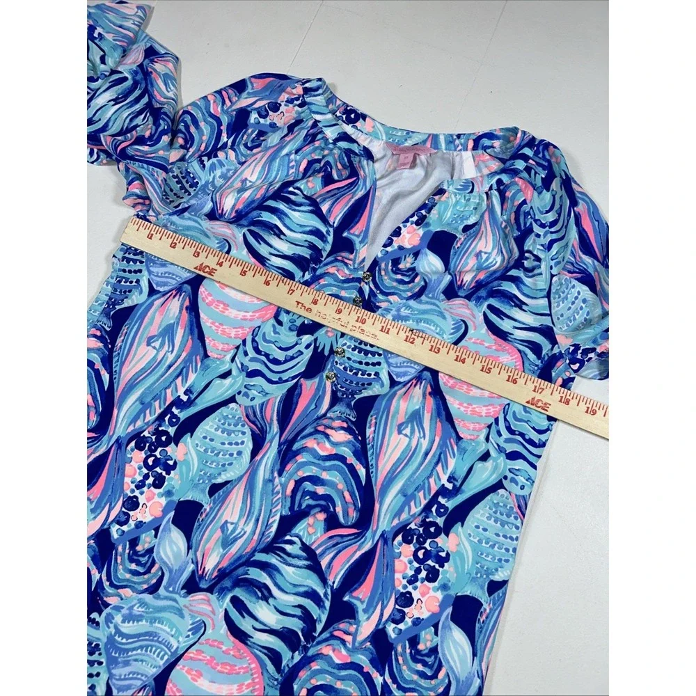 Lilly Pulitzer Brynle Dress Twilight Blue Gold Buttons Smocked Sleeves Womens XS